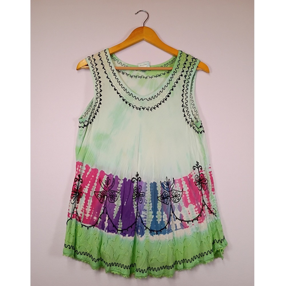 Boho Hippie India Boutique Womens OS Green Tie Dye Embroidered Sequin Tunic Top